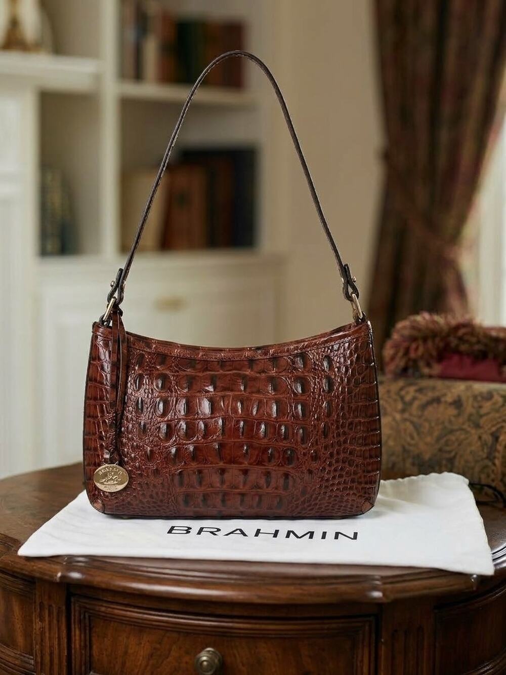 BRAHMIN Melbourne Leather Shoulder Bag Pecan Croc Embossed Mini Hobo & Dust Bag